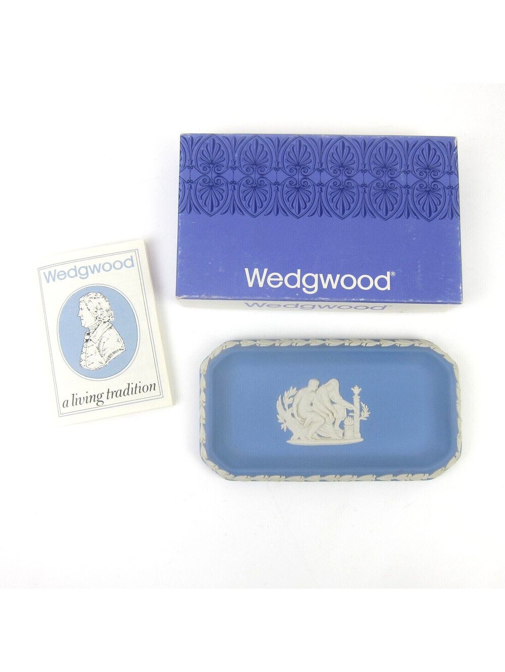 Vintage Wedgwood Jasperware Oblong Tray Blue Classical Greek Figural Men at Fire